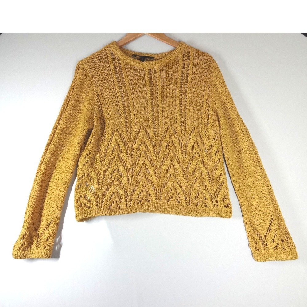 BCBGMAXAZRIA Sweater LG Mustard Yellow Open Knit Chevron Boho Pullover Layering